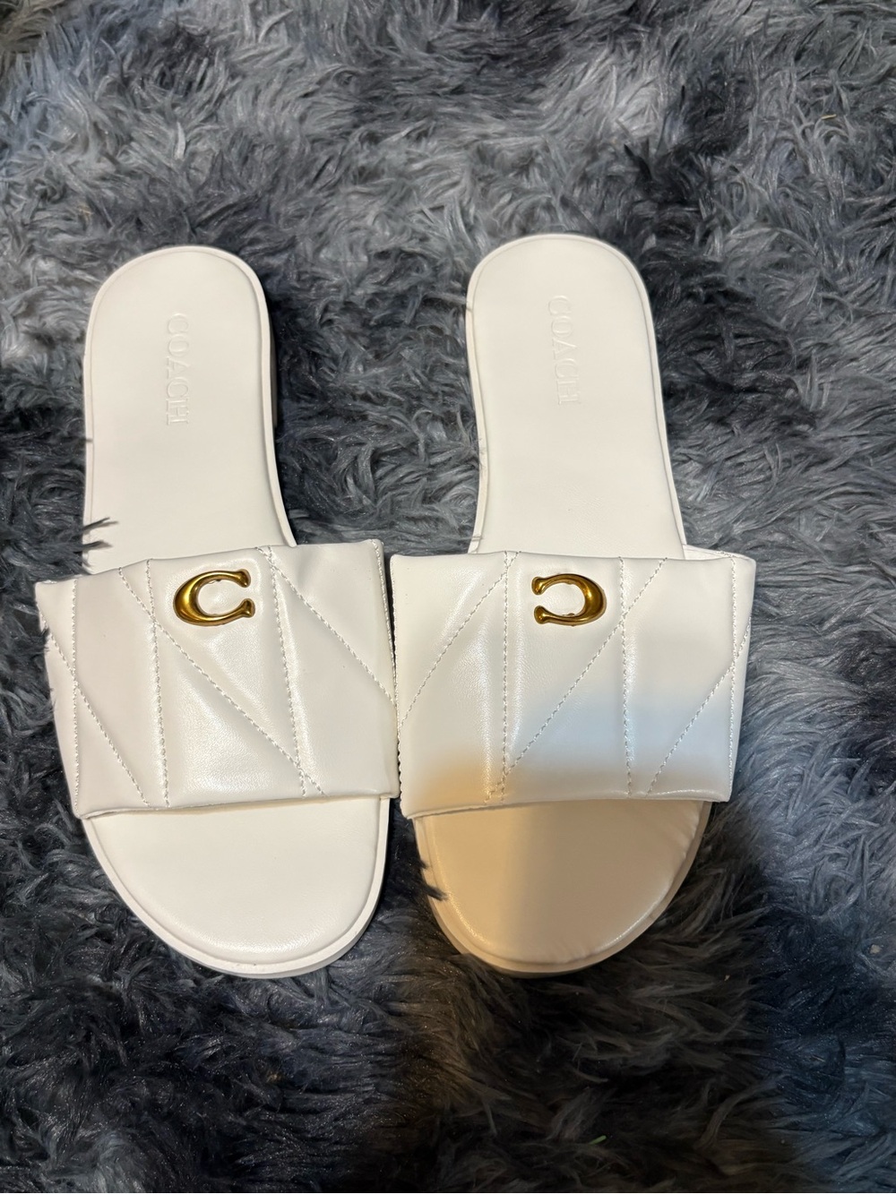 Coach White Quilted Slide Sandals with Gold 'C' Accent